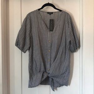 Roolee black and white gingham blouse, ties